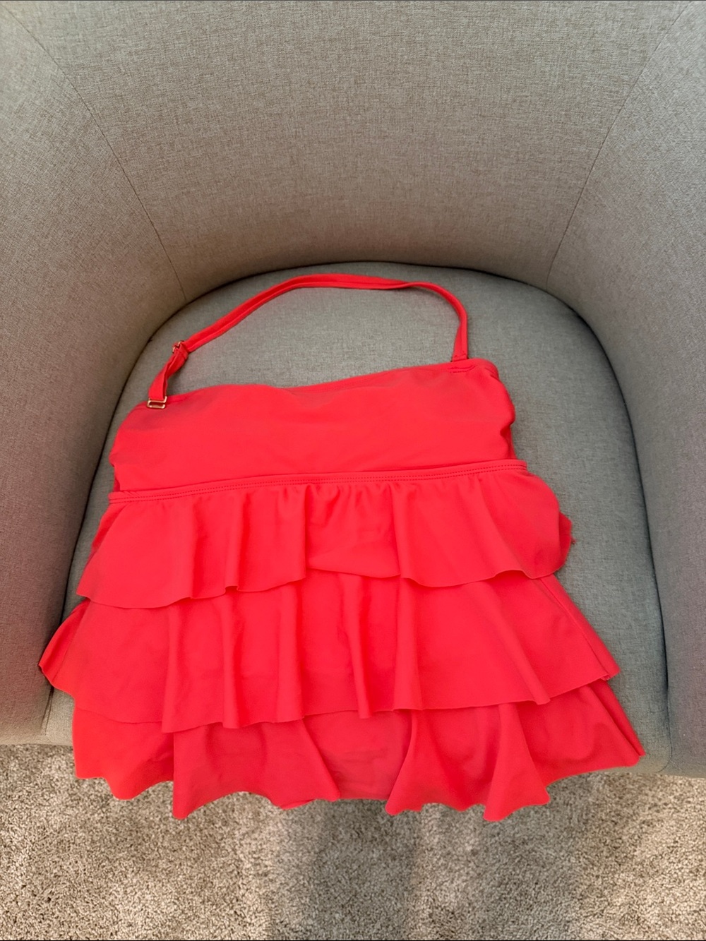 Island Escape Coral-Red Ruffled Swim Top